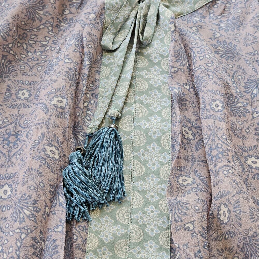 GYPSY Sz L Mauve Pink Green Floral Patchwork SILK SHEER PEASANT BLOUSE Tassels - Picture 3 of 8